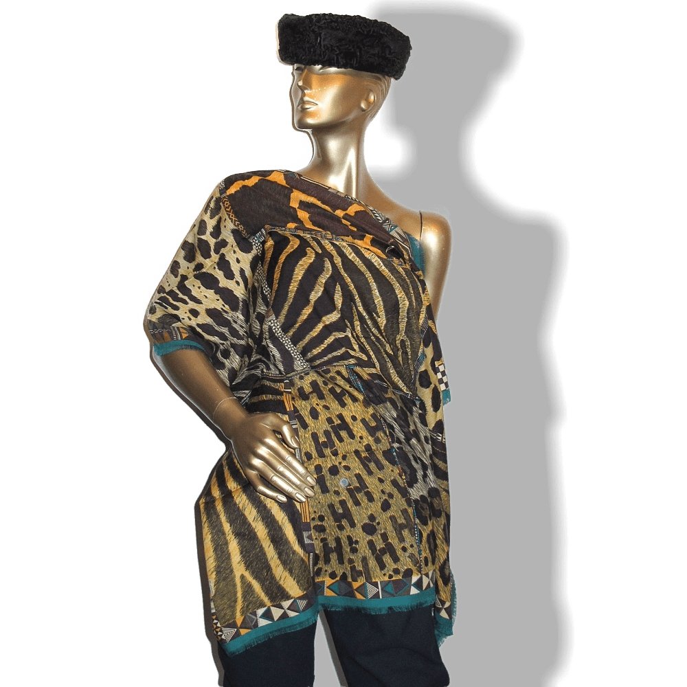 Hermes 2010 Green Pelages et Camouflages Fringed Cashmere 90cm, New! - poupishop