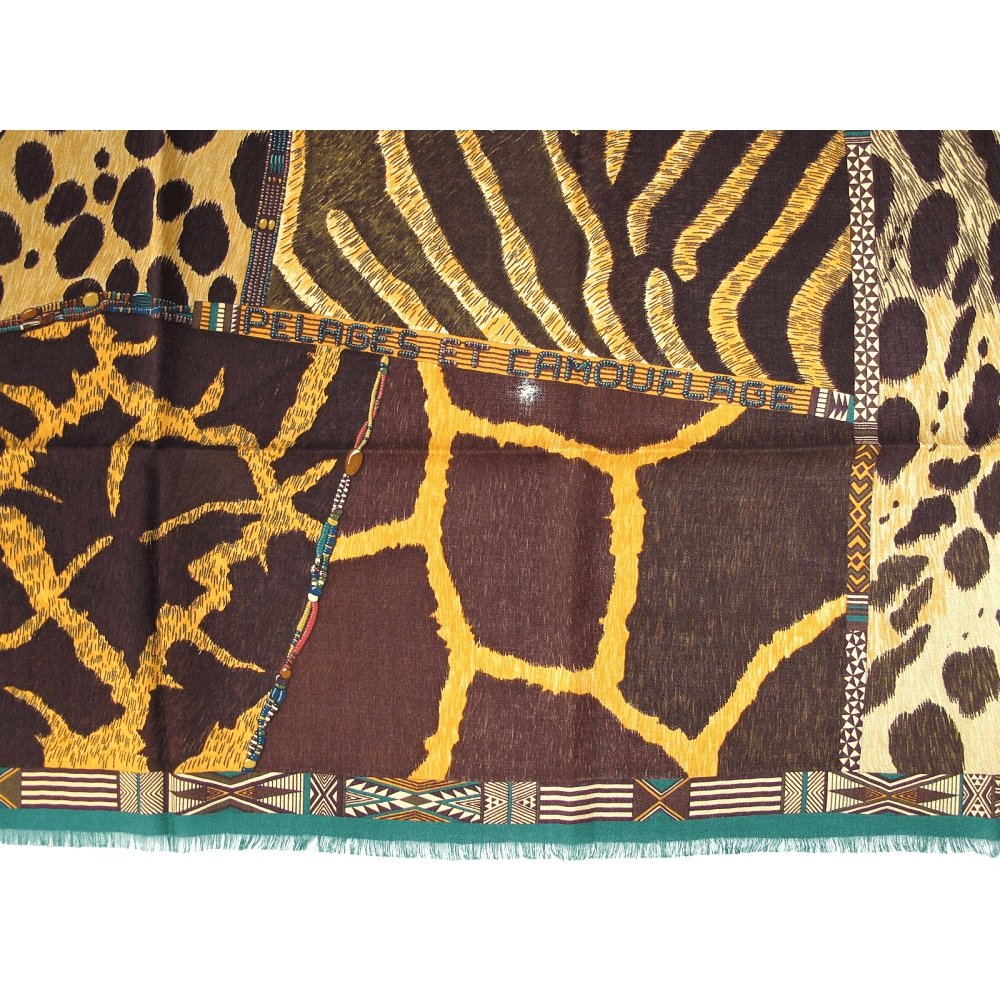 Hermes 2010 Green Pelages et Camouflages Fringed Cashmere 90cm, New! - poupishop