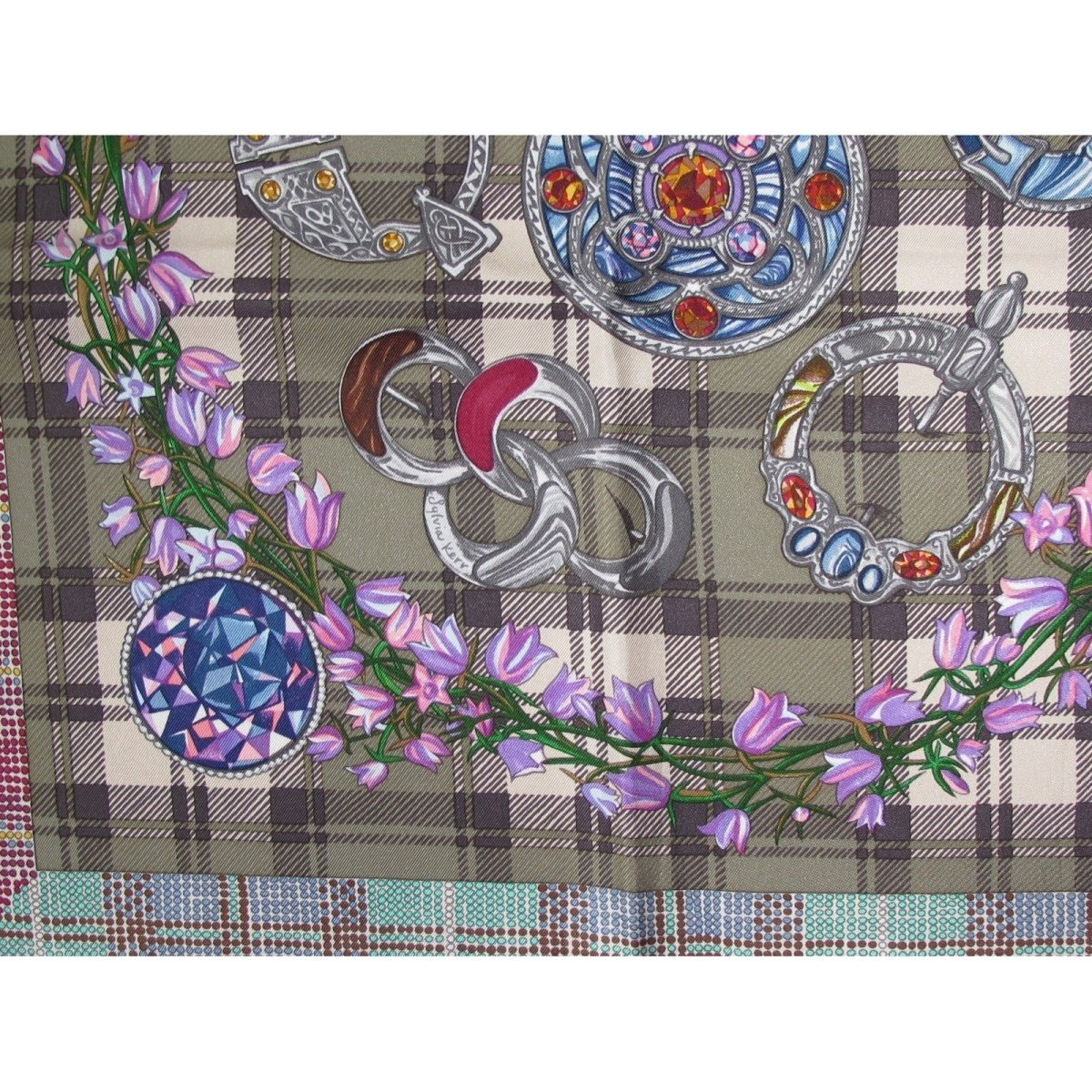 Hermes 2010 Grey Green Etoupe Blue Pink Fleurs d 'Ecosse by Sylvia Kerr Twill 90cm, Mint! - poupishop