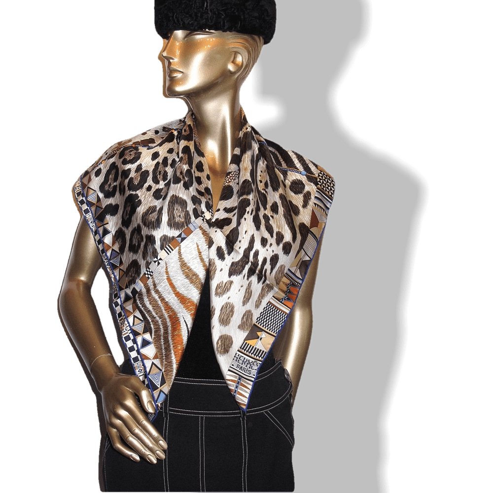 Hermes 2010 Ink Brown Orange Pelages Camouflages by Aline Honore Twill 90cm, New! - poupishop
