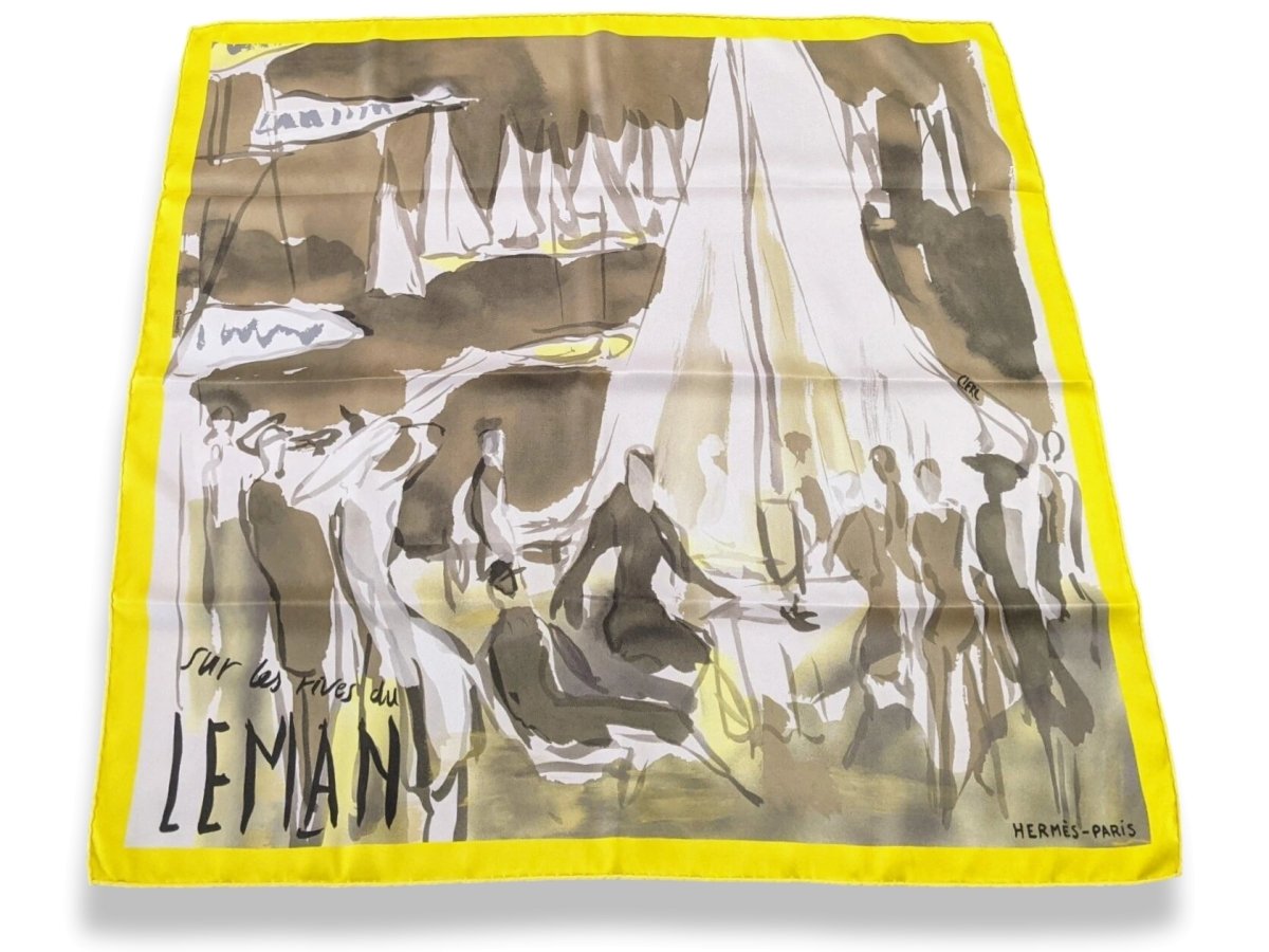 Hermes 2010 Jaune fluo/Gris SUR LES RIVES DU LAC LEMAN by Jean-Louis Clerc Vintage Silk 70cm Carre, Mint! - poupishop