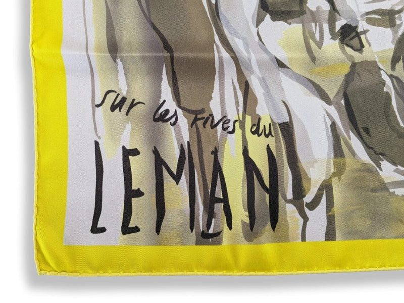 Hermes 2010 Jaune fluo/Gris SUR LES RIVES DU LAC LEMAN by Jean-Louis Clerc Vintage Silk 70cm Carre, Mint! - poupishop