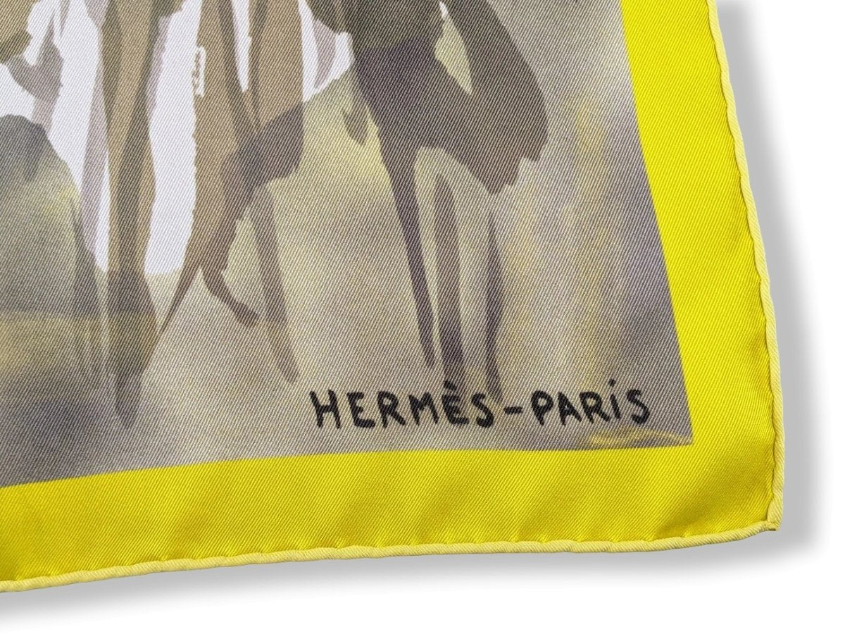 Hermes 2010 Jaune fluo/Gris SUR LES RIVES DU LAC LEMAN by Jean-Louis Clerc Vintage Silk 70cm Carre, Mint! - poupishop