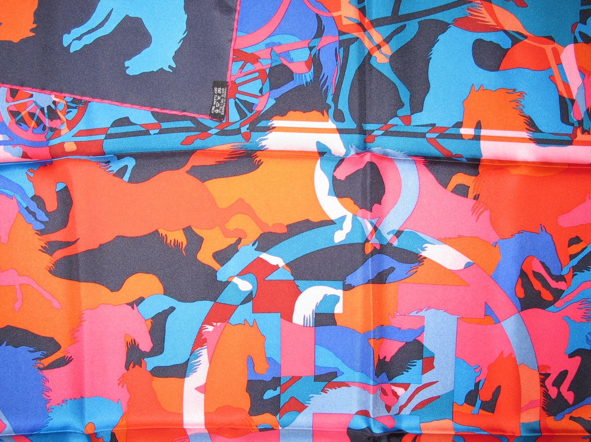 Hermes 2010 Navy Blue Red Pink Ex Libris en Camouflage by Benoit Pierre Emery Twill 90cm, New! - poupishop