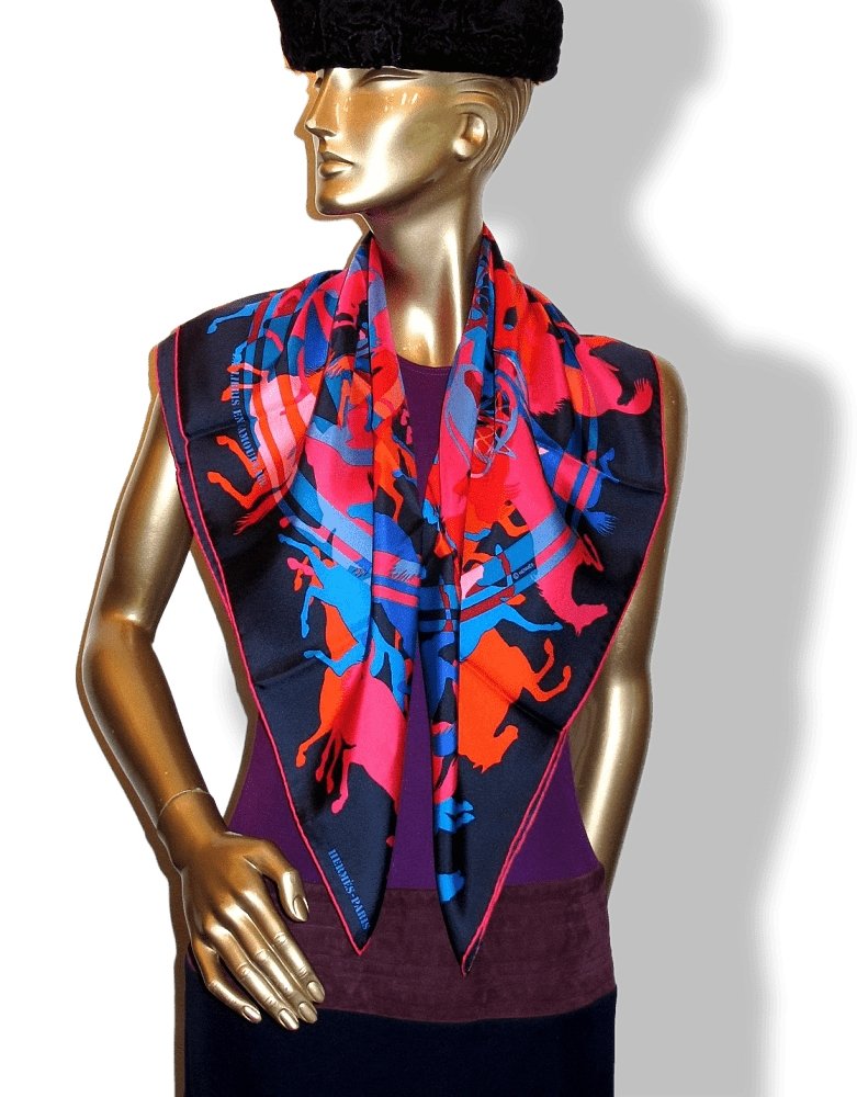 Hermes 2010 Navy Blue Red Pink Ex Libris en Camouflage by Benoit Pierre Emery Twill 90cm, New! - poupishop