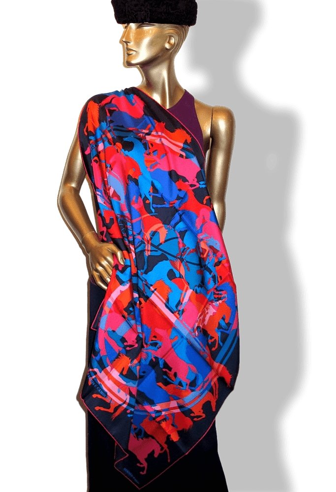 Hermes 2010 Navy Blue Red Pink Ex Libris en Camouflage by Benoit Pierre Emery Twill 90cm, New! - poupishop