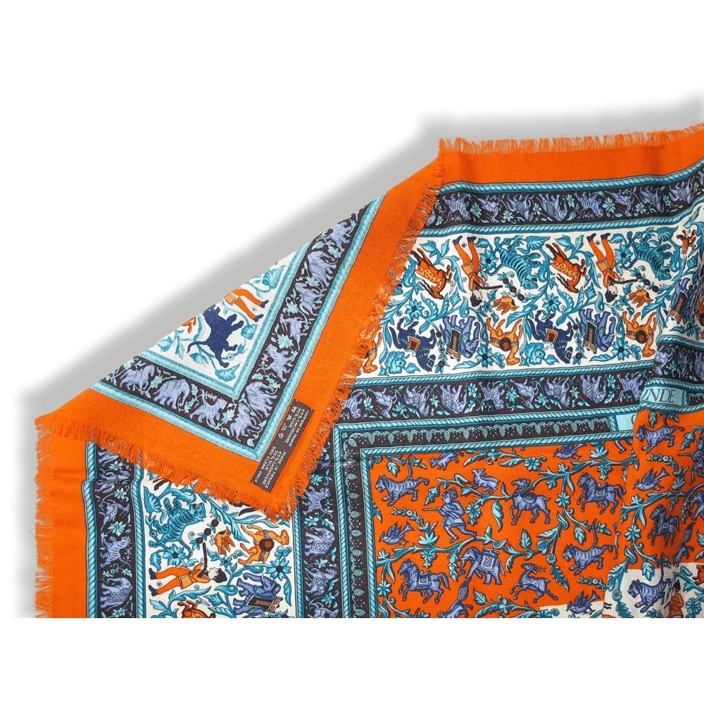 Hermes 2010 Orange Blue CHASSE EN INDE by Michel Duchene Fringed Cashmere 90cm, Box! - poupishop