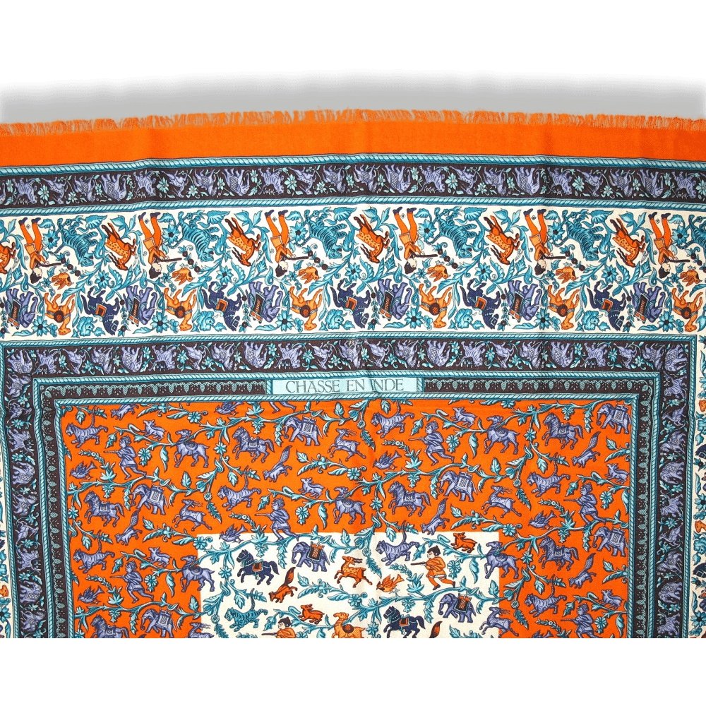 Hermes 2010 Orange Blue CHASSE EN INDE by Michel Duchene Fringed Cashmere 90cm, Box! - poupishop