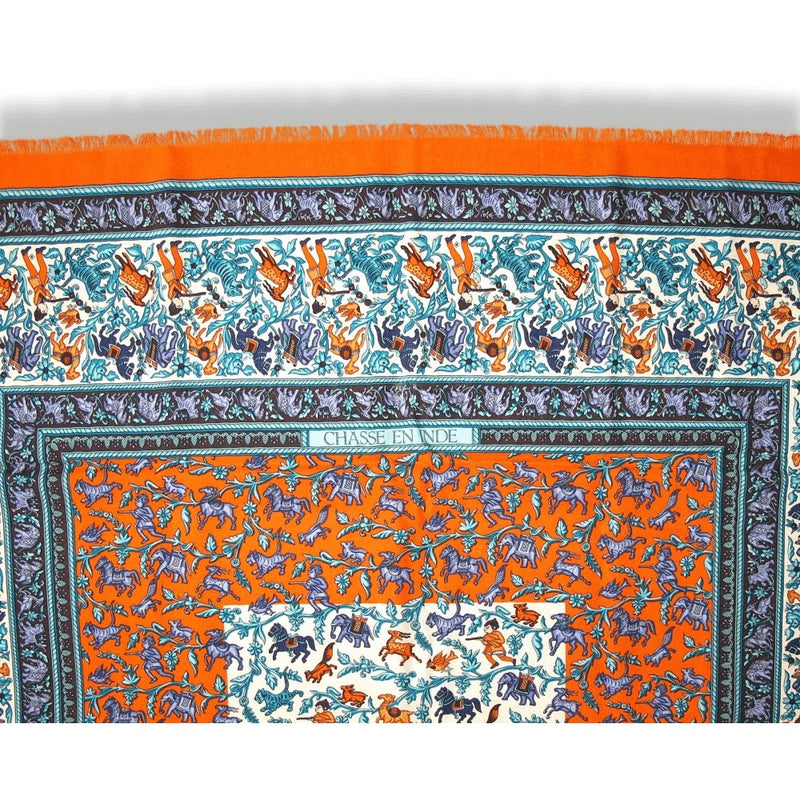 Hermes 2010 Orange Blue CHASSE EN INDE by Michel Duchene Fringed Cashmere 90cm, Box! - poupishop