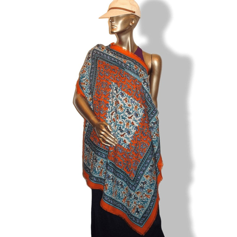 Hermes 2010 Orange Blue CHASSE EN INDE by Michel Duchene Fringed Cashmere 90cm, Box! - poupishop