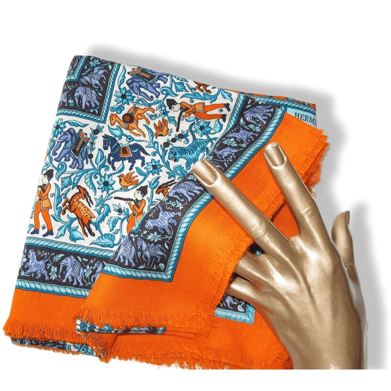 Hermes 2010 Orange Blue CHASSE EN INDE by Michel Duchene Fringed Cashmere 90cm, Box! - poupishop