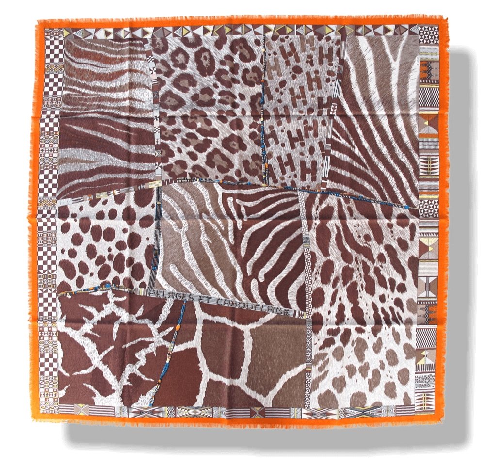 Hermes 2010 Orange Pelages et Camouflages Fringed Cashmere 90cm, New! - poupishop