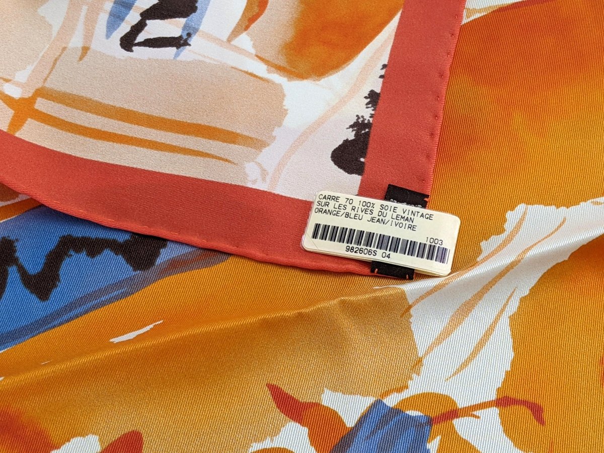 Hermes 2010 Orange/Bleu Jeans/Ivoire "Sur les Rives du Lac Leman" by Jean-Louis Clerc Vintage Silk 70cm Carre, BNWTIB! - poupishop
