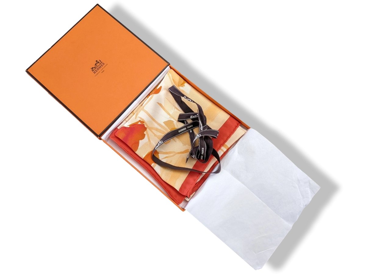 Hermes 2010 Orange/Bleu Jeans/Ivoire "Sur les Rives du Lac Leman" by Jean-Louis Clerc Vintage Silk 70cm Carre, BNWTIB! - poupishop
