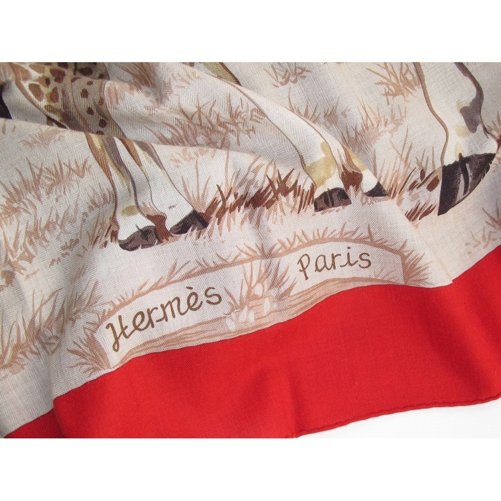 Hermes 2010 Red/Natural Les Girafes Cashmere Shawl 140, Box! - poupishop