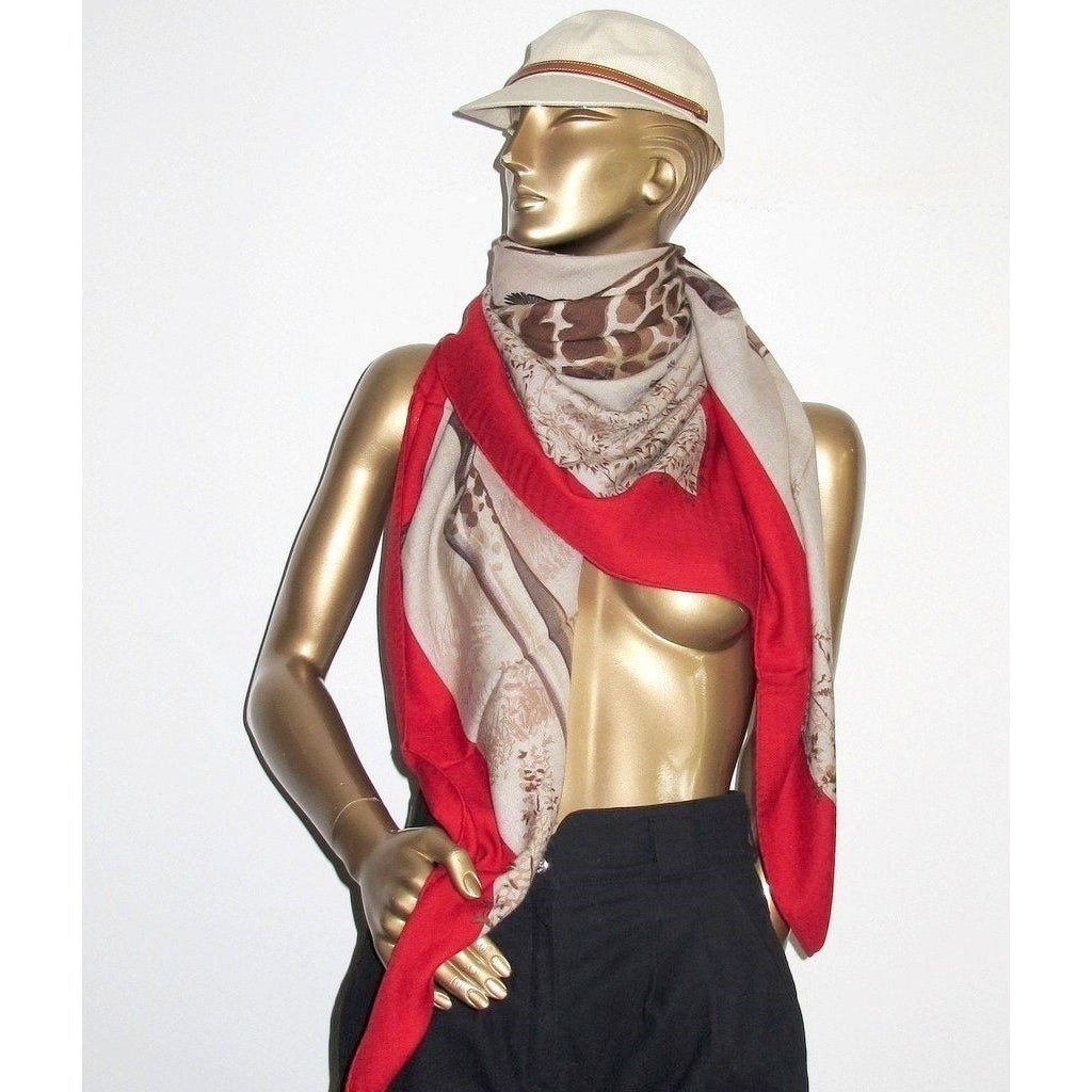 Hermes 2010 Red/Natural Les Girafes Cashmere Shawl 140, Box! - poupishop