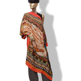 Hermes 2010s Orange/Brown LA FEMME AUX SEMELLES DE VENT by Aline Honore Cashmere Shawl 140, Mint!