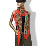 Hermes 2010s Orange/Brown LA FEMME AUX SEMELLES DE VENT by Aline Honore Cashmere Shawl 140, Mint!