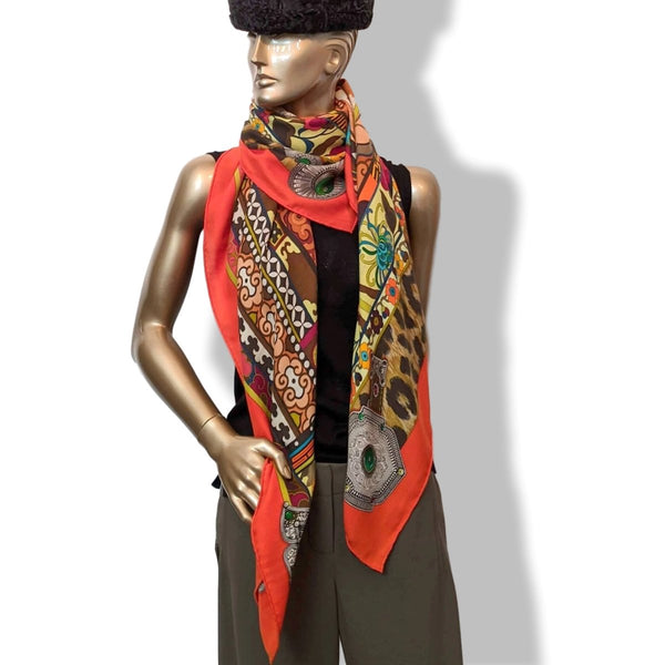 Hermes 2010s Orange/Brown LA FEMME AUX SEMELLES DE VENT by Aline Honore Cashmere Shawl 140, Mint!