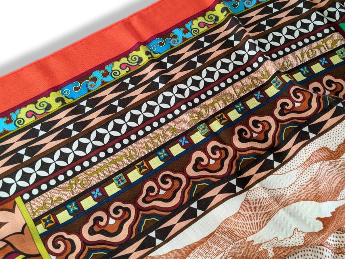 Hermes 2010s Orange/Brown LA FEMME AUX SEMELLES DE VENT by Aline Honore Cashmere Shawl 140, Mint!