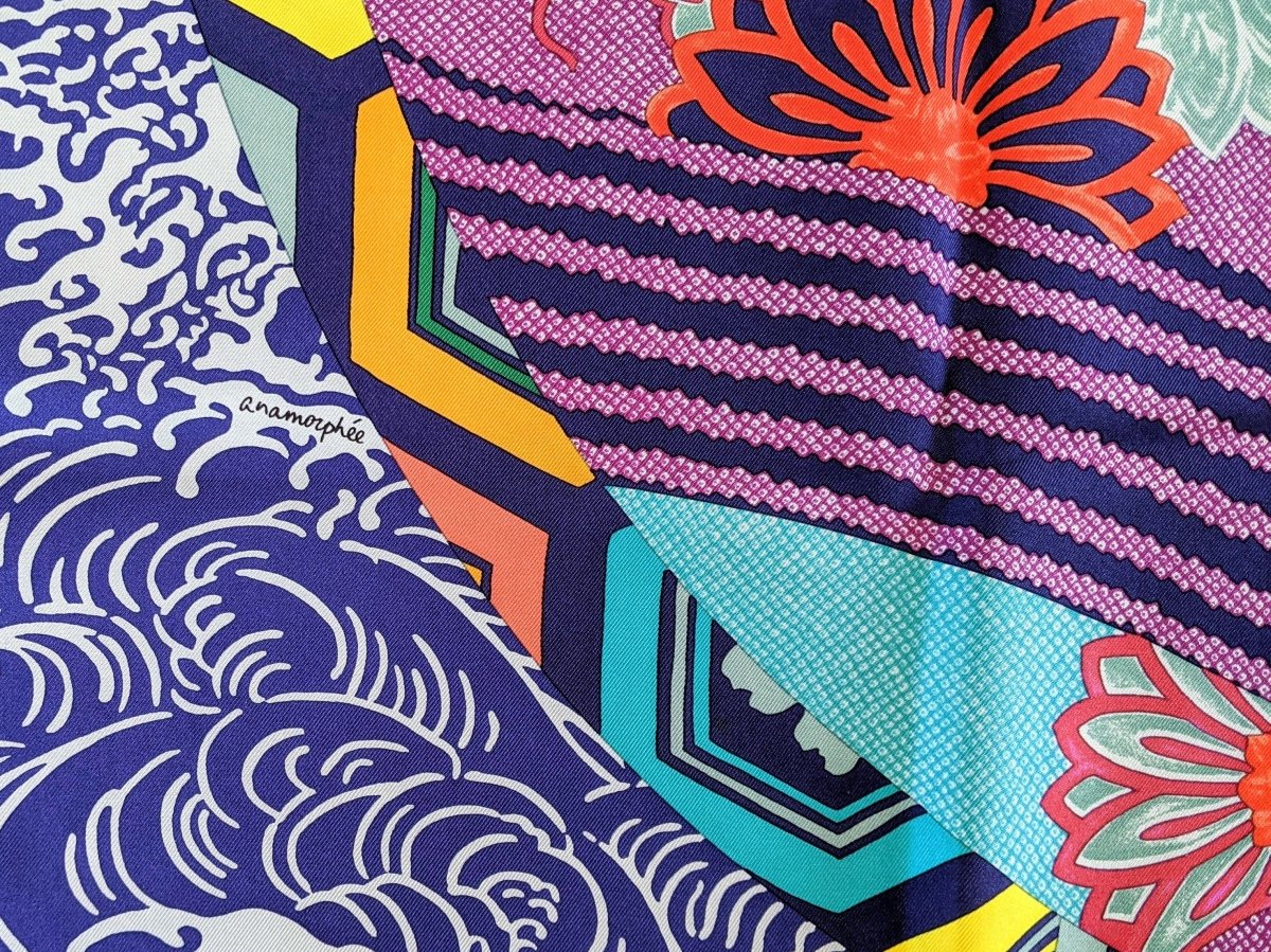 Hermes 2011 Bleu/Fuschia/Jaune EX-LIBRIS EN KIMONOS by Anamorphee Twill 90