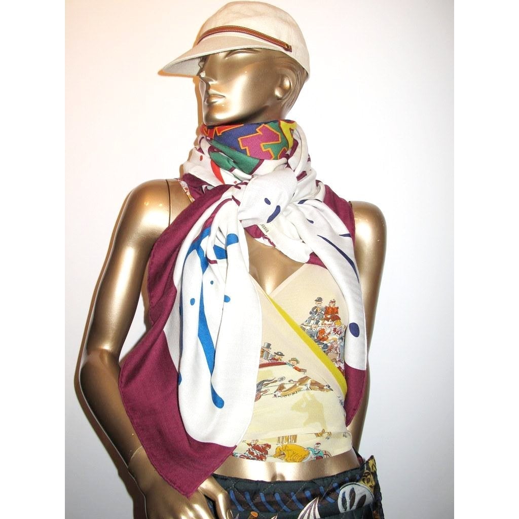Hermes 2011 cw10 Blanc/Bordeaux/Bleu Graff Cashmere Shawl 140, NWT! - poupishop