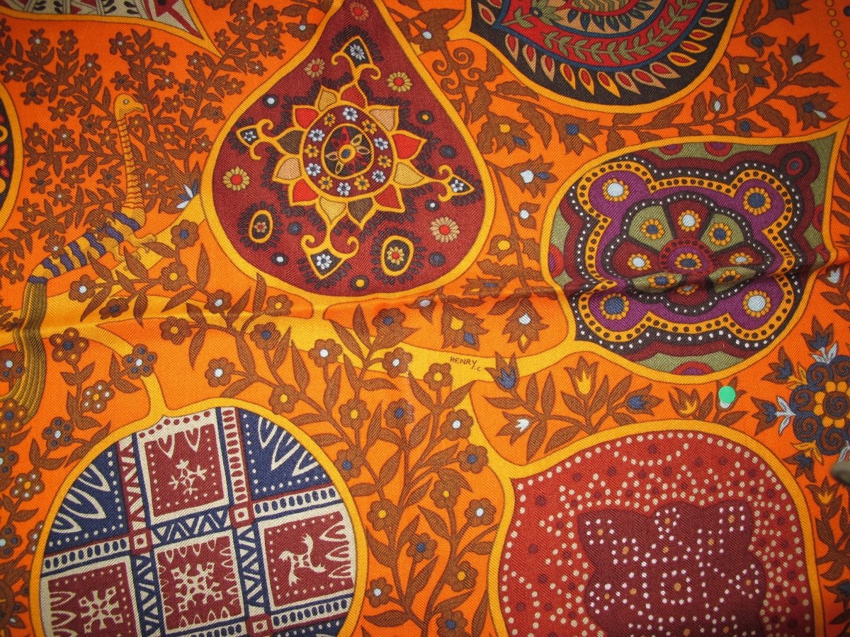 Hermes 2011 Orange L' ARBRE DE VIE by Christine Henry Cashmere Shawl 140