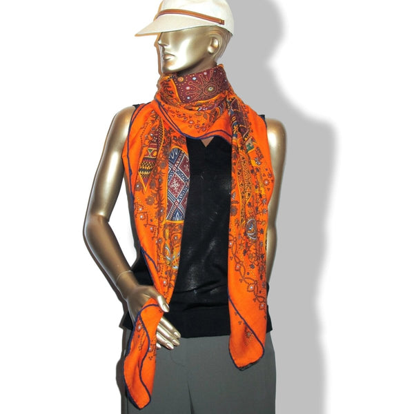 Hermes 2011 Orange L' ARBRE DE VIE by Christine Henry Cashmere Shawl 140