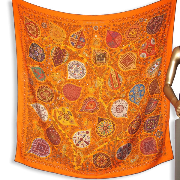 Hermes 2011 Orange L' ARBRE DE VIE by Christine Henry Cashmere Shawl 140