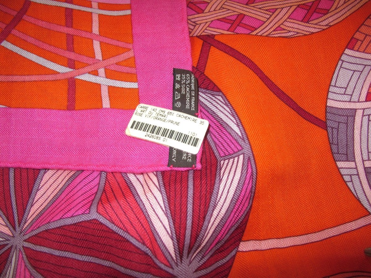 Hermes 2011 Rose Vif/Orange/Prune L' ART DU TEMARI by Nathalie Vialars Cashmere Shawl 140, NWTIB!