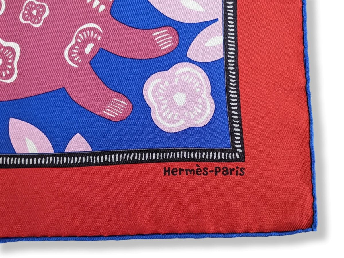 Hermes 2011 Rouge/Bleu/Rose Chinese Zodiac "Annee du Lievre" Gavroche Pocket Scarf 45, New!