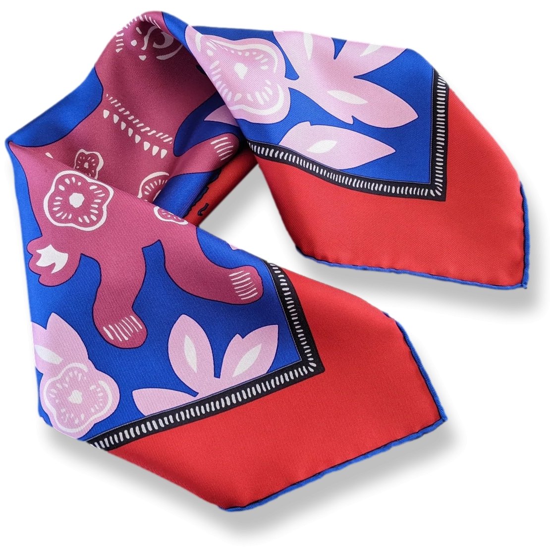 Hermes 2011 Rouge/Bleu/Rose Chinese Zodiac "Annee du Lievre" Gavroche Pocket Scarf 45, New!