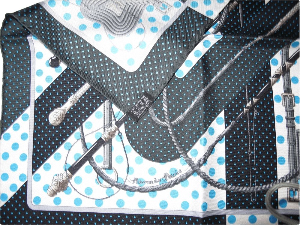  Hermes 2012 Anthracite Turquoise Clic Clac a Pois Twill Gavroche 42cm