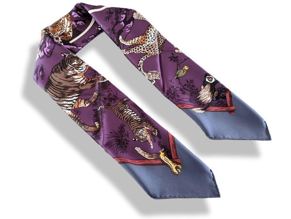 Hermes 2012 Bleu-Gris/Violet TENDRESSE FELINE by Robert Dallet Blanc Matt Overprint Twill 90, New!