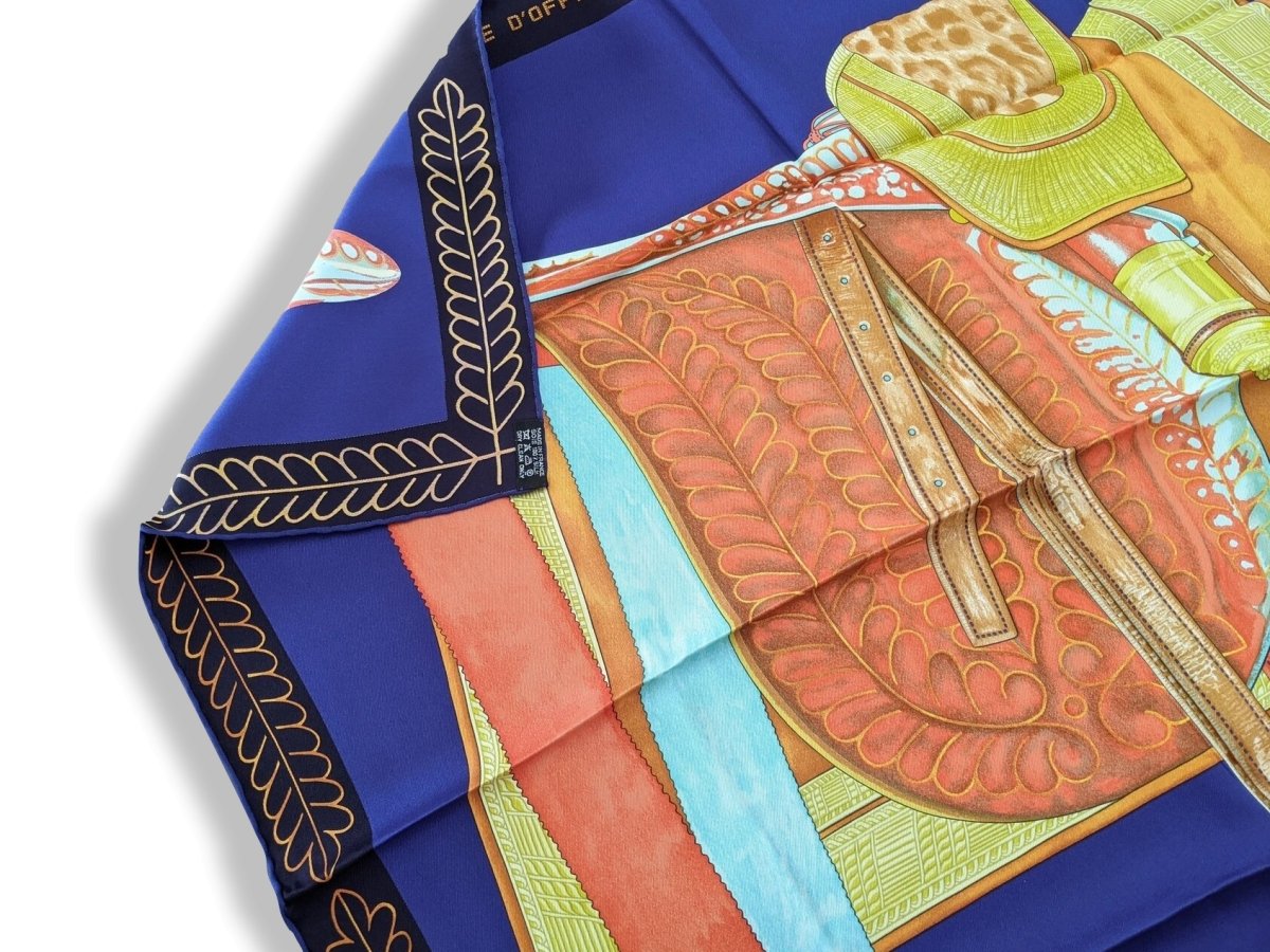 Hermes 2012 Bleu/Orange/Jaune/Turquoise SELLE D'OFFICIER EN GRANDE TENUE by Wlodek Kaminski Vintage Twill 70, New!