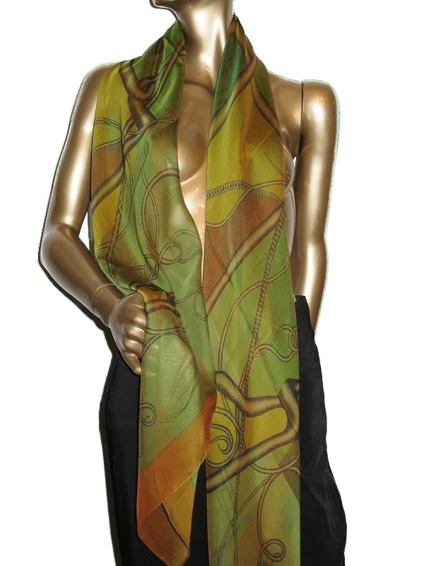 Hermes 2012 Chartruese/Cognac/Vert CCOUP DE FOUET Silk Changeante Mousseline 140, New!