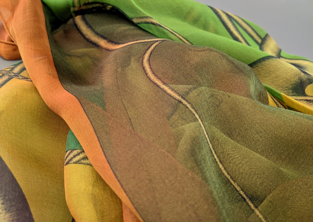 Hermes 2012 Chartruese/Cognac/Vert CCOUP DE FOUET Silk Changeante Mousseline 140, New!