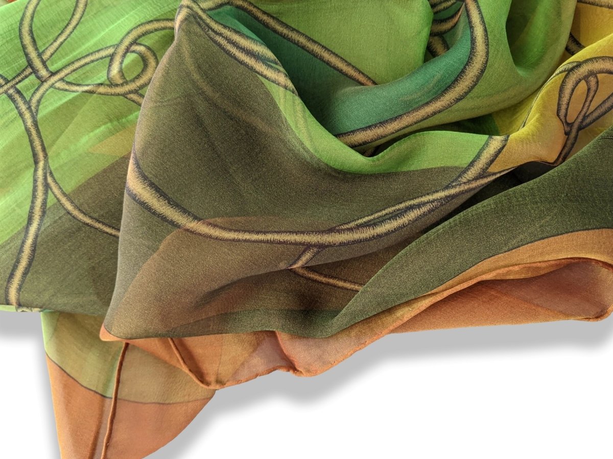 Hermes 2012 Chartruese/Cognac/Vert CCOUP DE FOUET Silk Changeante Mousseline 140, New!