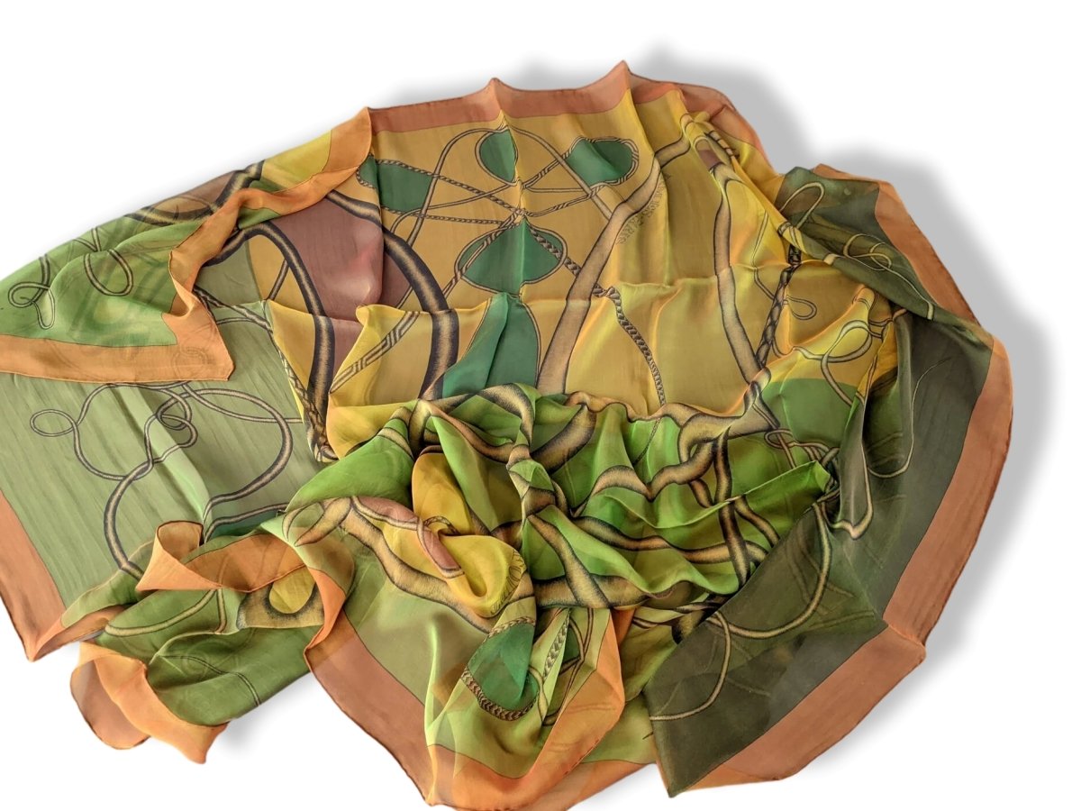 Hermes 2012 Chartruese/Cognac/Vert CCOUP DE FOUET Silk Changeante Mousseline 140, New!