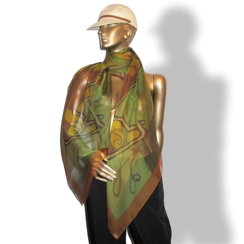 Hermes 2012 Chartruese/Cognac/Vert CCOUP DE FOUET Silk Changeante Mousseline 140, New!