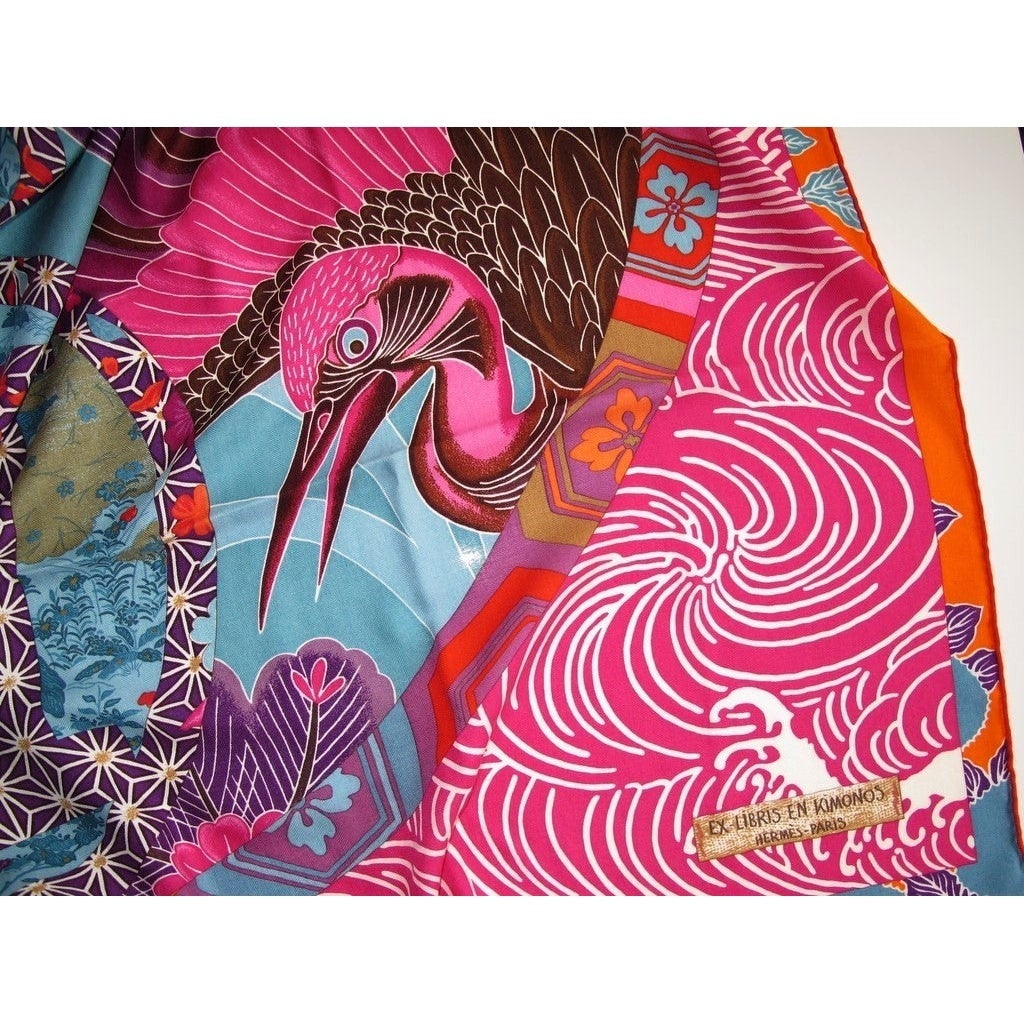 Hermes 2012 cw01 Capucine/Fuchsia Ex-Libris en Kimonos Cashmere Shawl 140 - poupishop