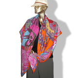 Hermes 2012 cw01 Capucine/Fuchsia EX-LIBRIS EN KIMONOS Cashmere Shawl 140, MInt!