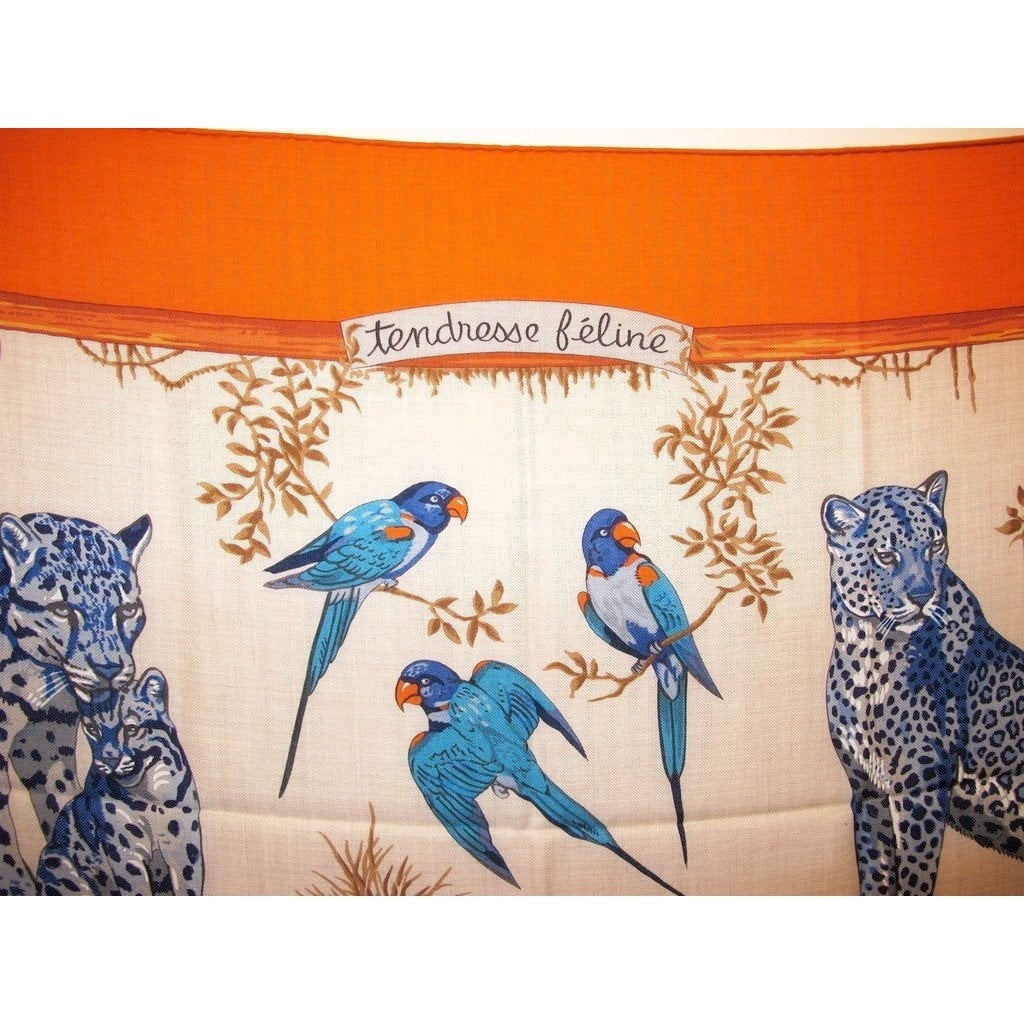 Hermes 2012 cw01 Orange/Naturel/Bleu Tendresse feline Cashmere Shawl 140, NWT! - poupishop