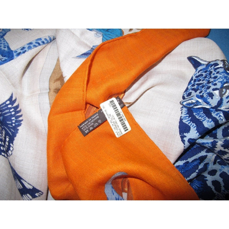 Hermes 2012 cw01 Orange/Naturel/Bleu Tendresse feline Cashmere Shawl 140, NWT! - poupishop