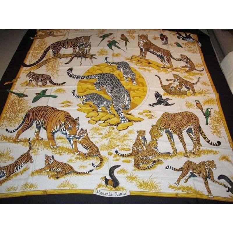Hermes shawl cashmere tendresse feline natural black