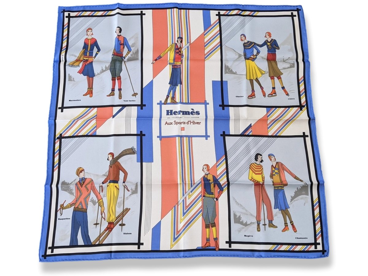 Hermes 2013 Blue/White/Orange Aux Sports d'Hiver Vintage Silk 70, Mint in Box! - poupishop