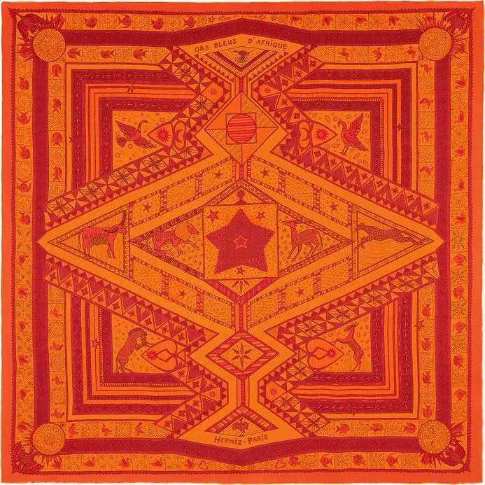 Hermes 2013 cw03 Orange/Rouge/Vert Ors Bleus d'Afrique Mousseline 140, New! - poupishop