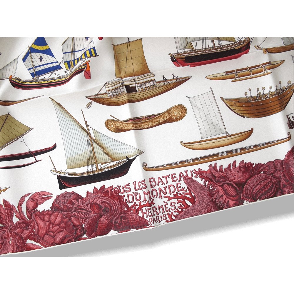 Hermes 2013 cw12 Ivory Bordeaux Tous les Bateaux du Monde by Aline Honore Twill 90cm, New! - poupishop