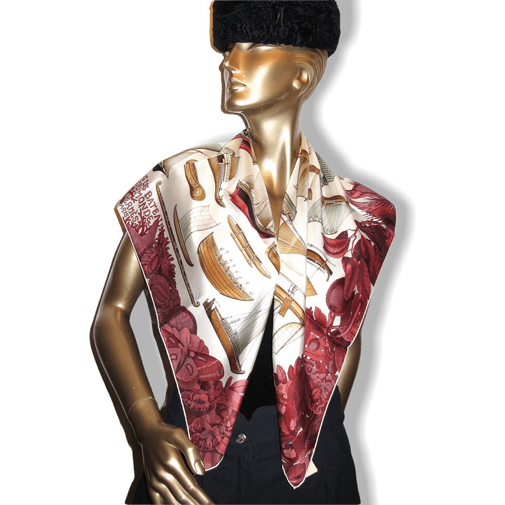 Hermes 2013 cw12 Ivory Bordeaux Tous les Bateaux du Monde by Aline Honore Twill 90cm, New! - poupishop