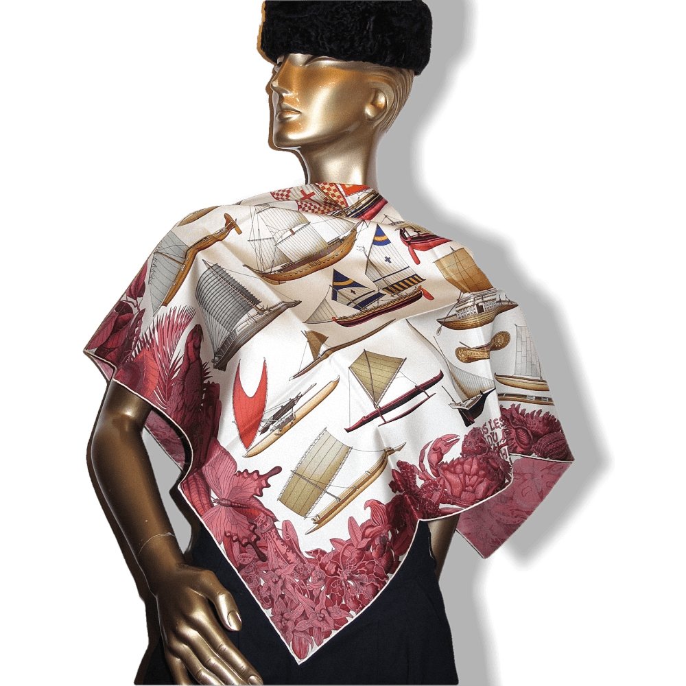 Hermes 2013 cw12 Ivory Bordeaux Tous les Bateaux du Monde by Aline Honore Twill 90cm, New! - poupishop